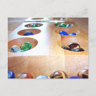 Wood Mancala  oard with Colourful Glass Stones Postcard
