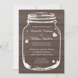 Wood mason jar country barn wedding invitations