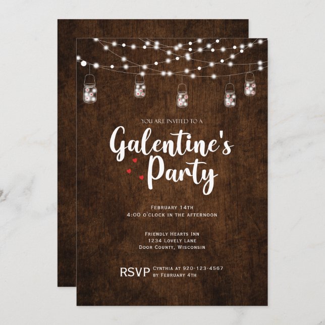 Wood Mason Jar Galentines Day Party Valentine  Invitation (Front/Back)