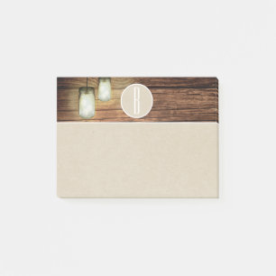 Wood Mason Jar Lights & Kraft Rustic Monogram Post-it Notes