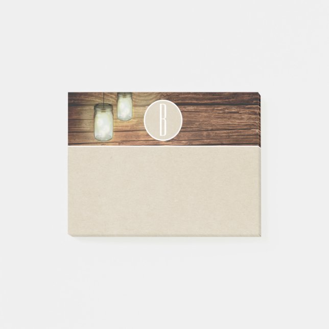 Wood Mason Jar Lights & Kraft Rustic Monogram Post-it Notes (Front)