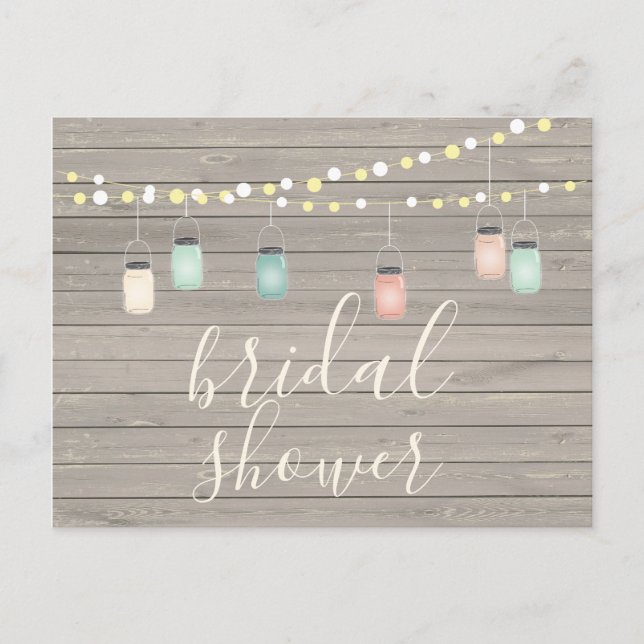 Wood & Mason Jar Lights Rustic Wood Bridal Shower Invitation Postcard (Front)