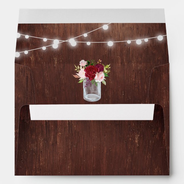 Wood Mason Jar String Lights Burgundy Wedding Envelope (Back (Bottom))