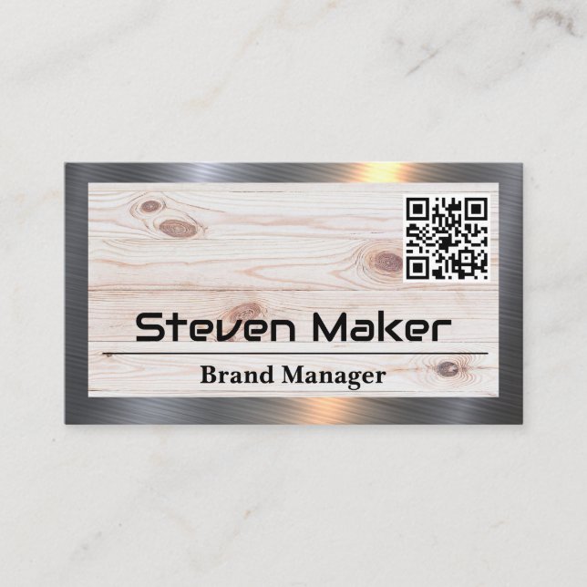 Wood | Metal Trim | QR Code Business Card (Front)