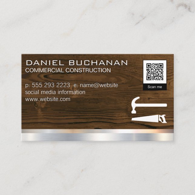Wood Metallic | Saw Hammer | QR Barcode Template Business Card (Front)