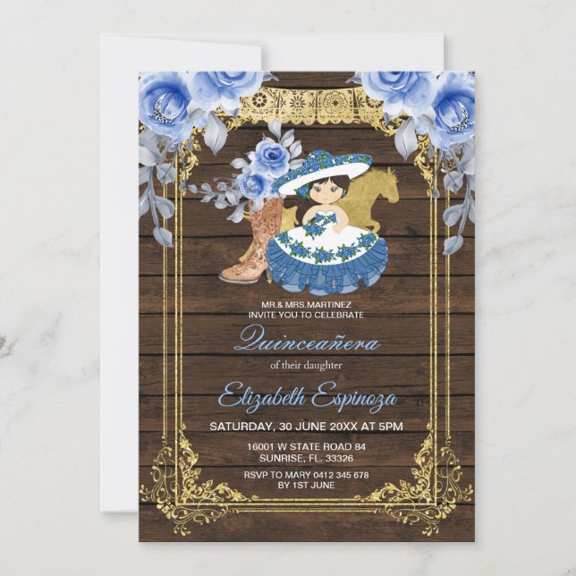 Wood Mexican Quinceanera Blue Roses Flowers  Invitation (Front)