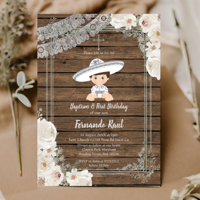 Wood Mexican Silver Fiesta Boy Baptism Birthday Invitation (Creator Uploaded)