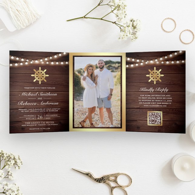 Wood Nautical Gold Ship's Wheel QR Code Wedding Tri-Fold Invitation (Creator Uploaded)