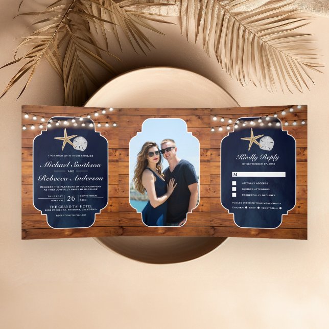 Wood Navy Blue Starfish Sand Dollar Beach Wedding Tri-Fold Invitation (Creator Uploaded)