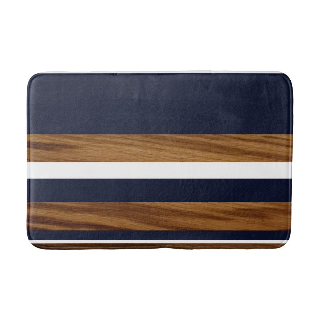 Wood Navy Blue White Stripes #1 Bath Mat (Front)