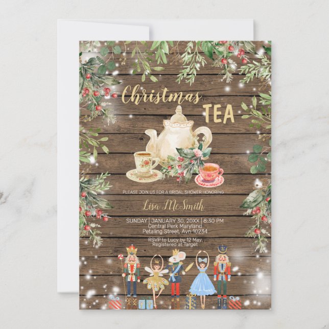 Wood Nutcracker Christmas Tea Bridal Shower Party Invitation (Front)