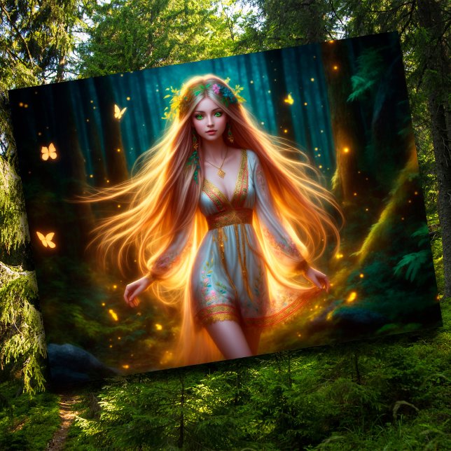 Wood nymph fairy girl gold bright forest floral  postcard (Creator Uploaded)