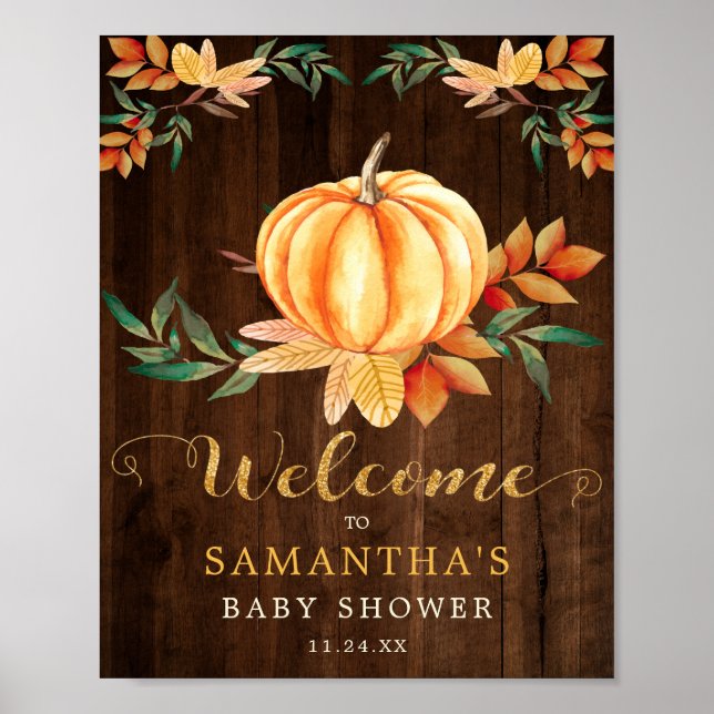 Wood Orange Watercolor Pumpkin Gold Fall Shower Poster (Front)