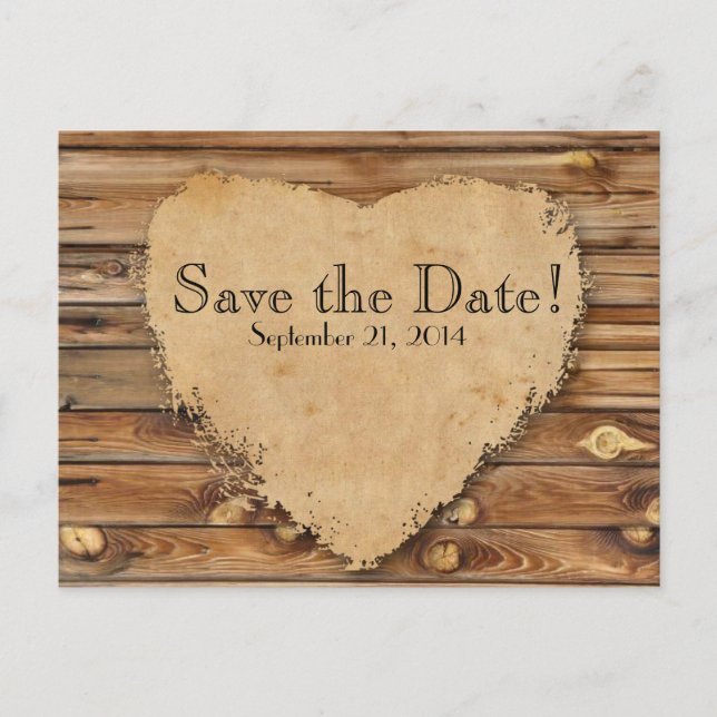 Wood Parchment Tattered Heart Save the Date Announcement Postcard (Front)