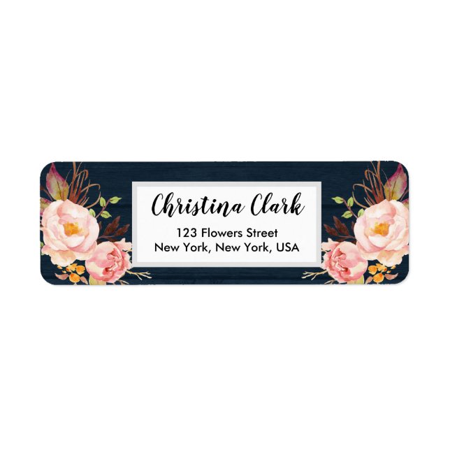 Wood Peony Floral Navy Personalised Custom Address (Front)