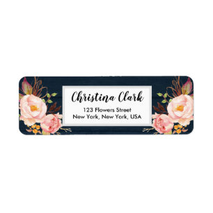 Wood Peony Floral Navy Personalized Custom Address