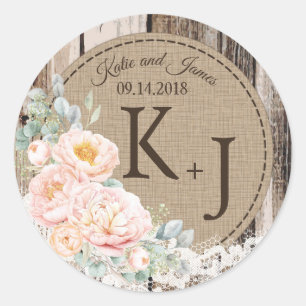 Wood Peony Lace Rustic Monogram Wedding Label