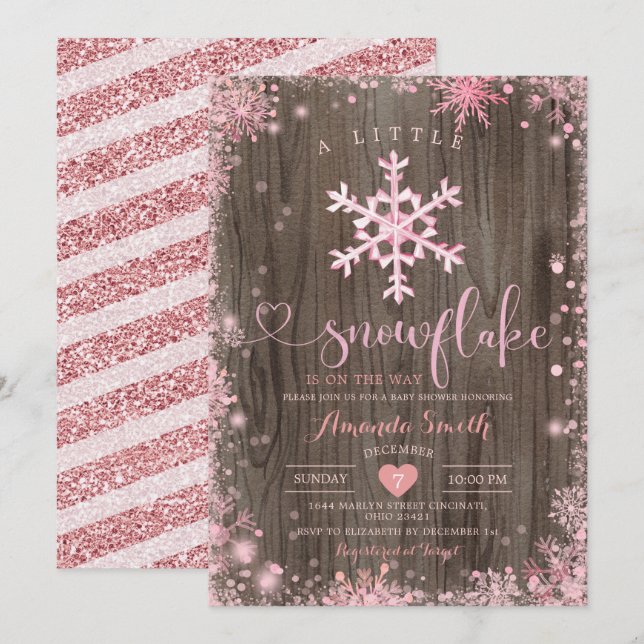 Wood Pink A Little Snowflake Winter Baby Shower  Invitation (Front/Back)