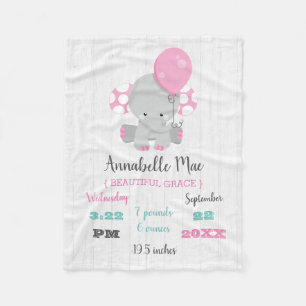 Wood Pink Elephant Girl Baby Birth Stats Fleece Blanket