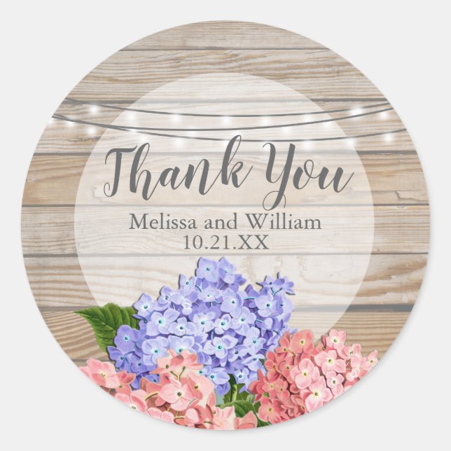 Wood Pink Hydrangea String Lights Bridal Classic Round Sticker (Front)