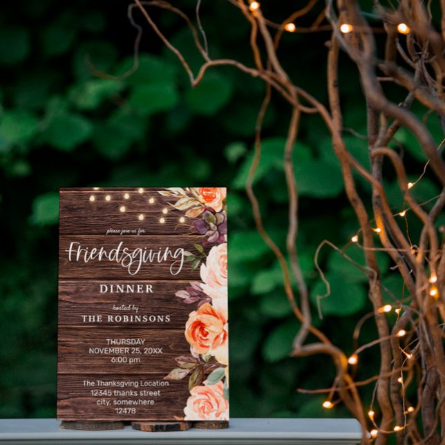 Wood Pink & Peach Floral w/ Lights Friendsgiving Invitation (Creator Uploaded)