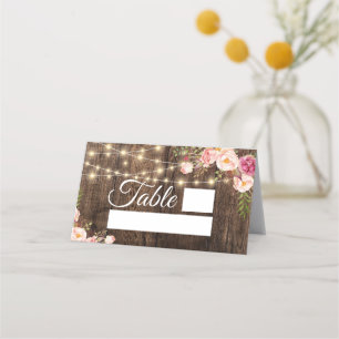 Wood & Pink Roses String Lights Wedding Place Card