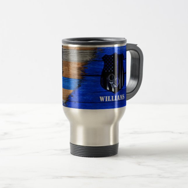 Wood Plank Flag Thin Blue Line Travel Mug (Front Right)
