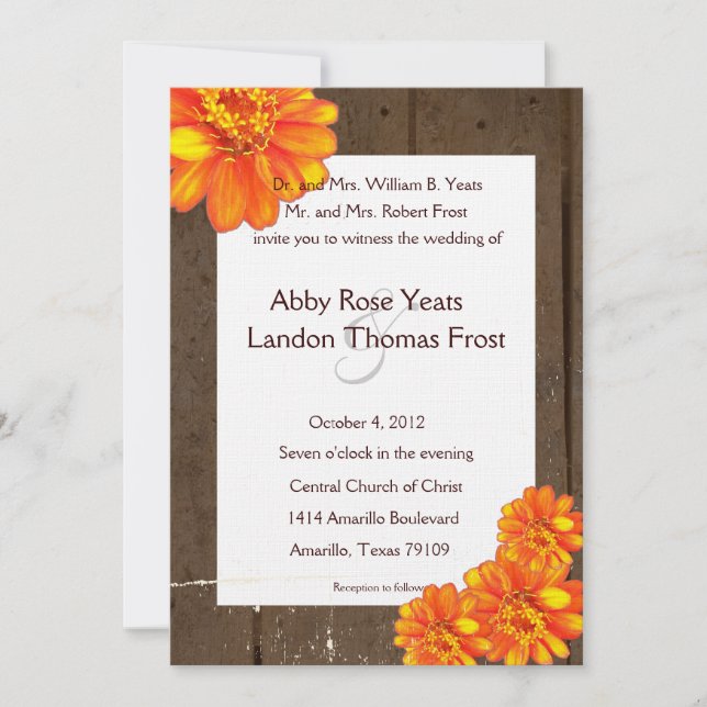 Wood Planks Orange Zinnia Wedding Invitation (Front)