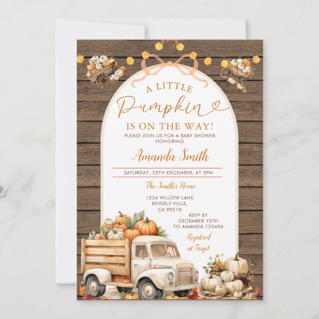 Wood Pumpkin Truck Is on the way Baby Shower Fall Invitation (Front)