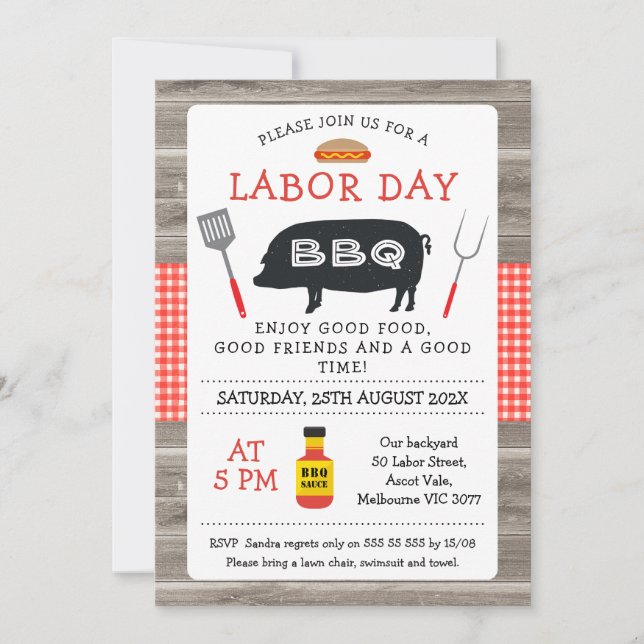 Wood Red Plaid Pig Labor Day BBQ Invitation (Front)