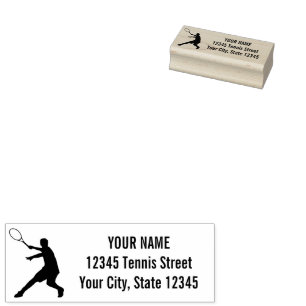 Wood return address stamp with tennis player logo