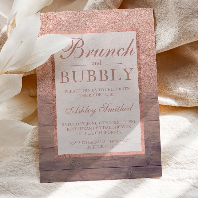 Wood rose gold glitter brunch bubbly bridal shower invitation (Creator Uploaded)