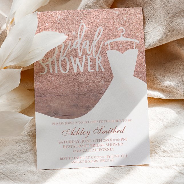 Wood rose gold glitter rustic dress Bridal shower Invitation (Creator Uploaded)