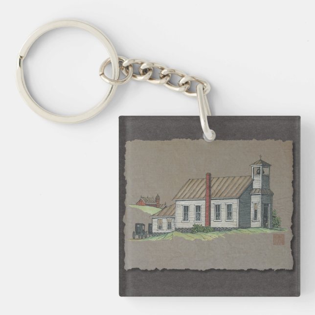 Wood Rural Church Key Ring (Front)