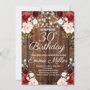Wood Rustic Burgundy Floral Surprise 30th Birthday Invitation