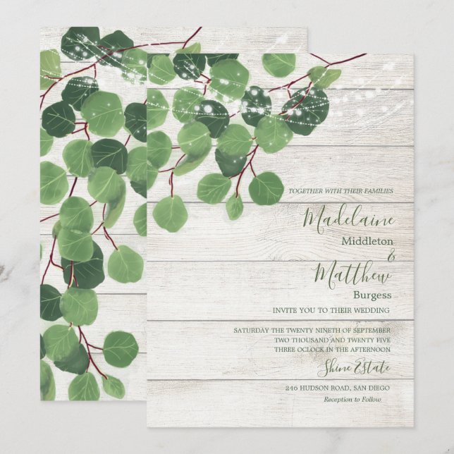 Wood Rustic Eucalyptus Leaves Simple Wedding Invitation (Front/Back)