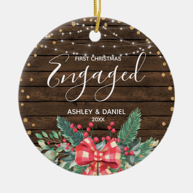 Wood Rustic First Christmas Engaged Ornament Gift (Front)