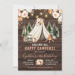 Wood Rustic Girl Camping Birthday Invitation