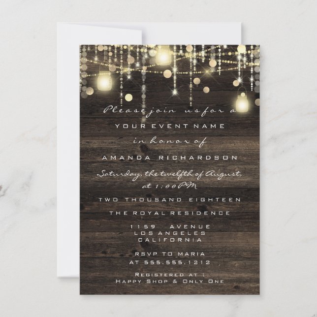 Wood Rustic Gold Lights Birthday Bridal Shower Invitation (Front)