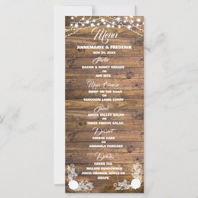 Wood Rustic Lace Wedding Menu (Front)