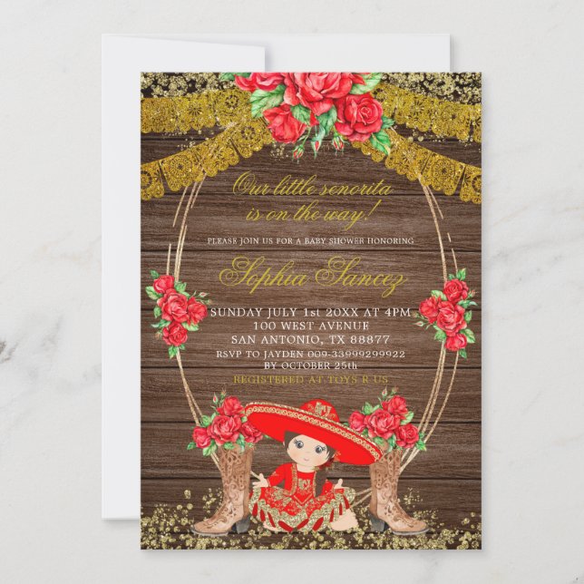 Wood Rustic Mexican Red Charra Baby Shower Invite (Front)