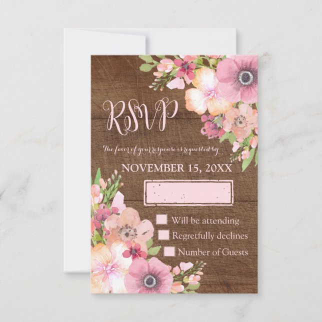 Wood Rustic Pink Flowers Wedding RSVP Card (Front)