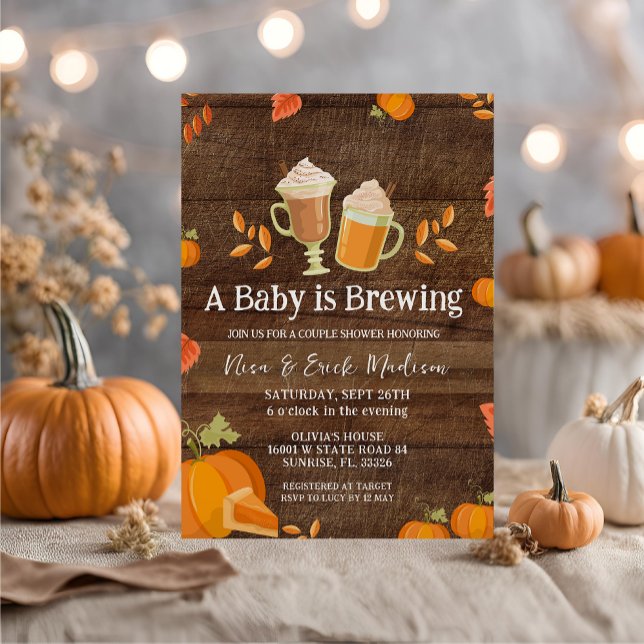 Wood Rustic Pumpkin Baby is Brewing for Boy  Invitation (Creator Uploaded)