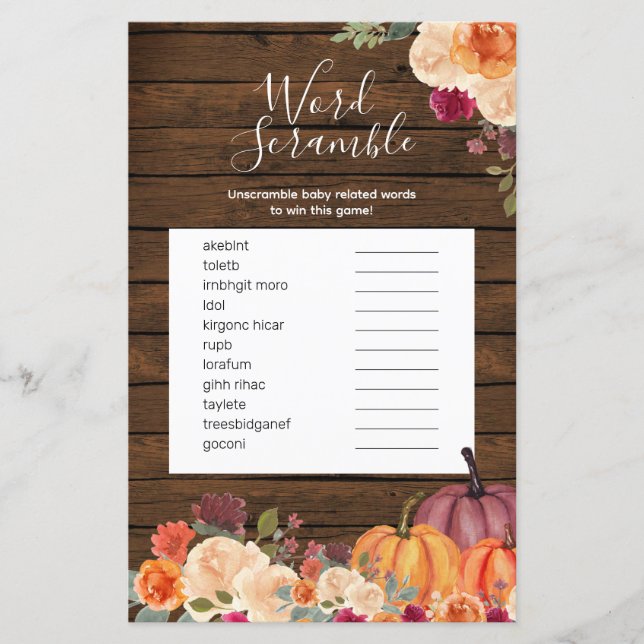 Wood Rustic Pumpkin Floral Word Scramble Game (Front)