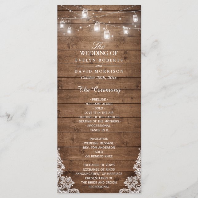 Wood Rustic String Lights Lace Wedding Program Programme (Front)