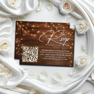 Wood Rustic String Lights QR Code Wedding RSVP Card