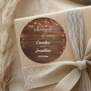 Wood Rustic String Lights Rehearsal Dinner Wedding Classic Round Sticker
