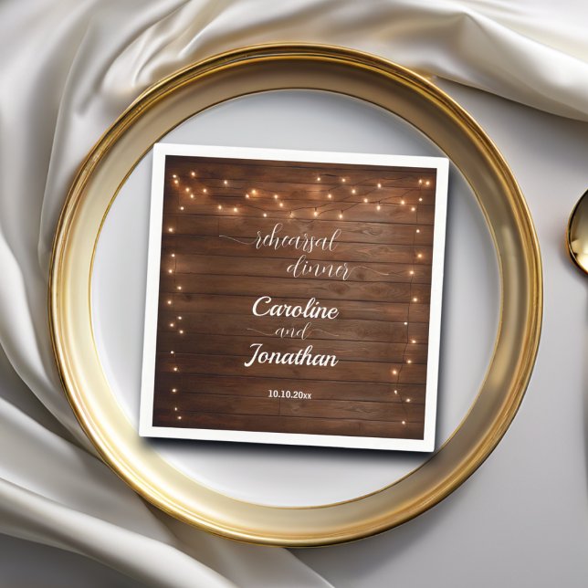 Wood Rustic String Lights Rehearsal Dinner Wedding Napkin (Creator Uploaded)