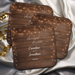 Wood Rustic String Lights Rehearsal Dinner Wedding Paper Plate