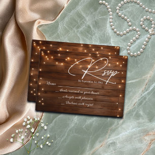 Wood Rustic String Lights Wedding RSVP Card